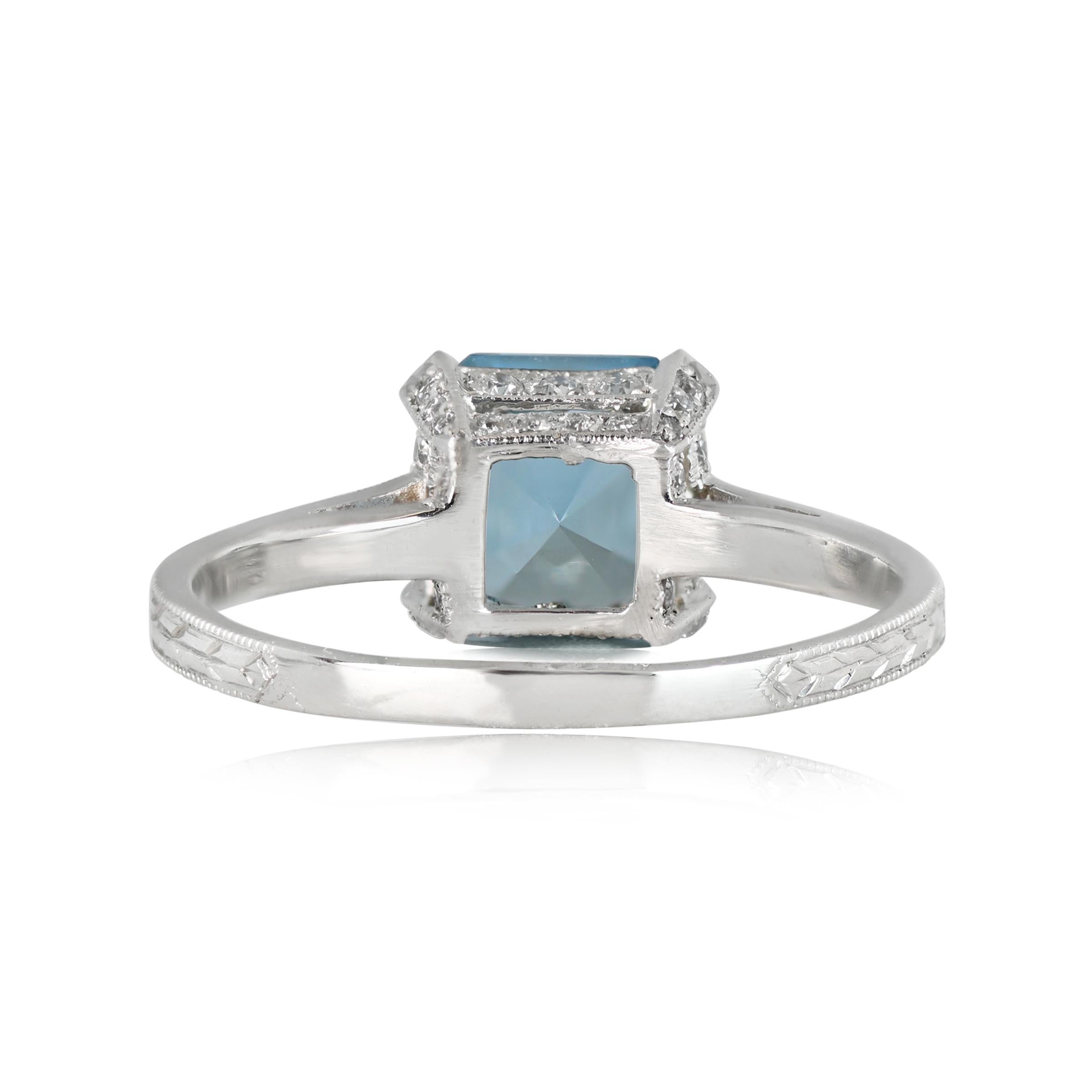 Art Deco 1.39ct Asscher Cut Aquamarine Engagement Ring, Platinum  For Sale