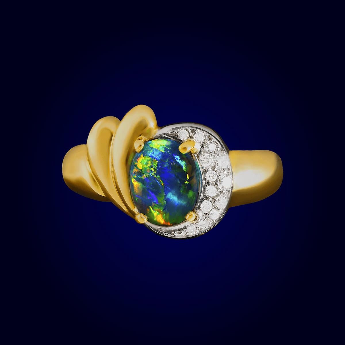Women's or Men's 1.39ct Australian Black Opal, Diamond, 18K Yellow Gold & Platinum Ring For Sale