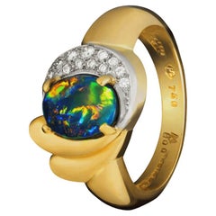 Bague en or jaune 18 carats, diamants et opale noire australienne de 1,39 carat