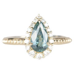 1.39ct Elongated Montana Sapphire Diamond Halo 14K Gold Engagement Ring R6316