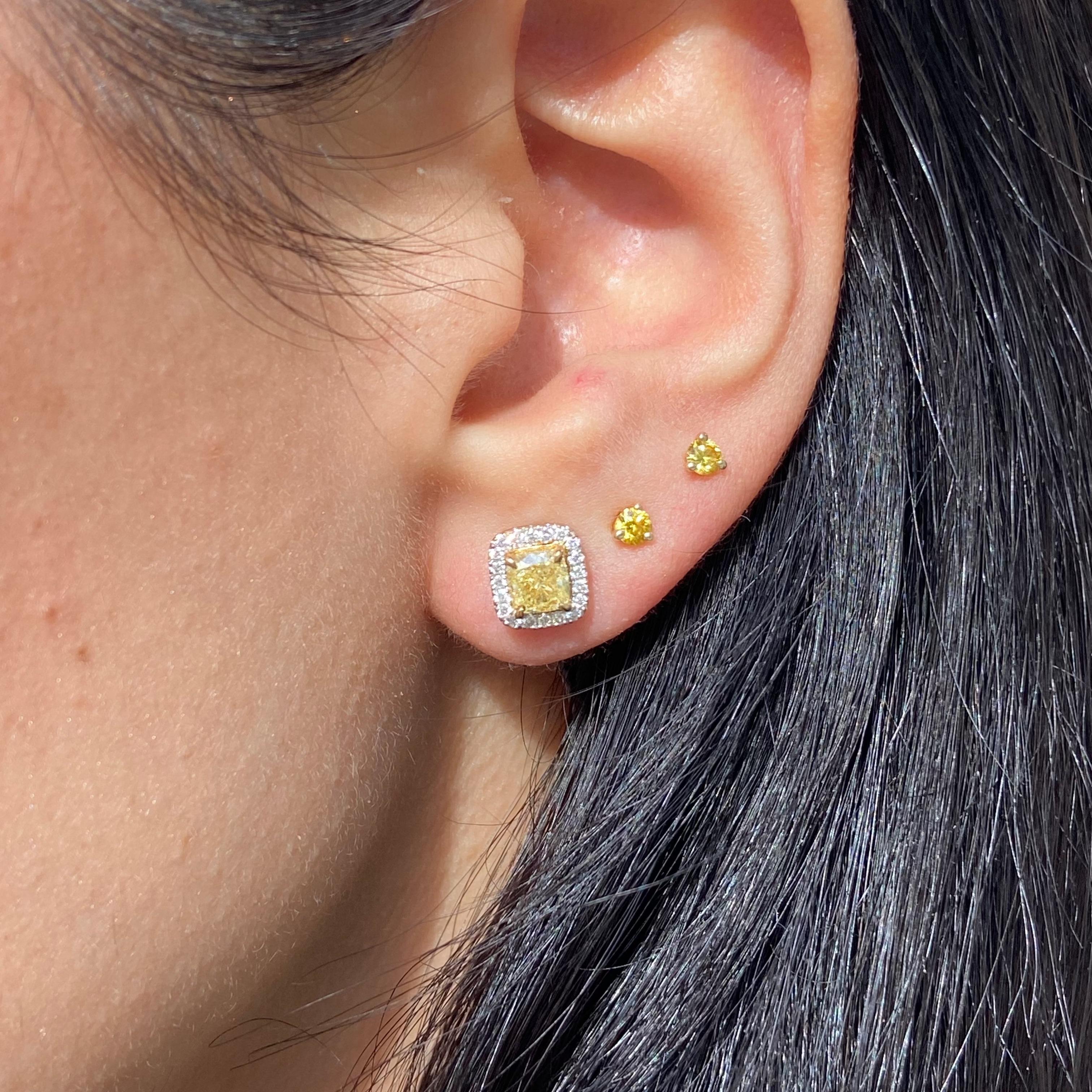 1.39ct Fancy Yellow Diamond Halo Stud Earrings In New Condition For Sale In New York, NY