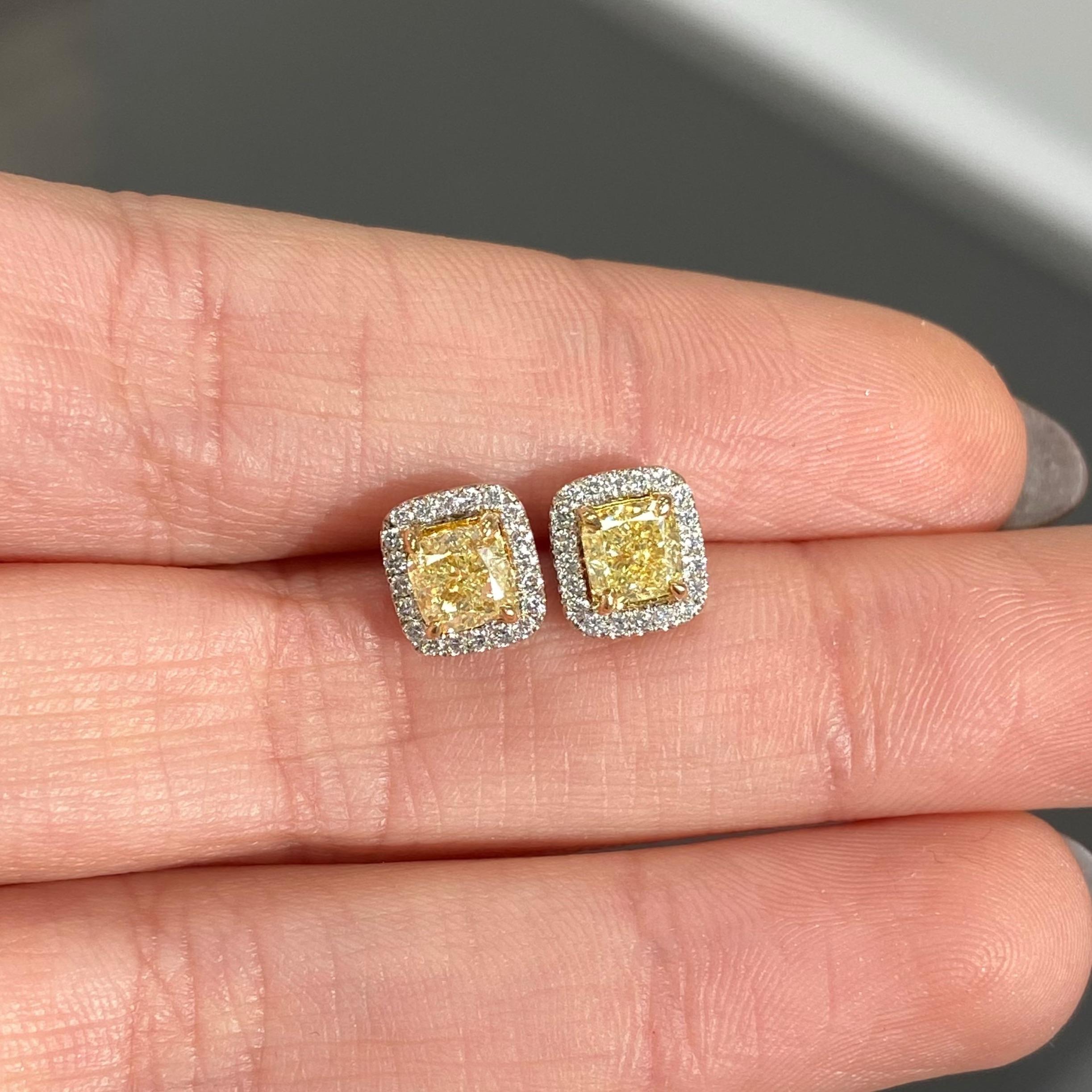 Women's 1.39ct Fancy Yellow Diamond Halo Stud Earrings For Sale