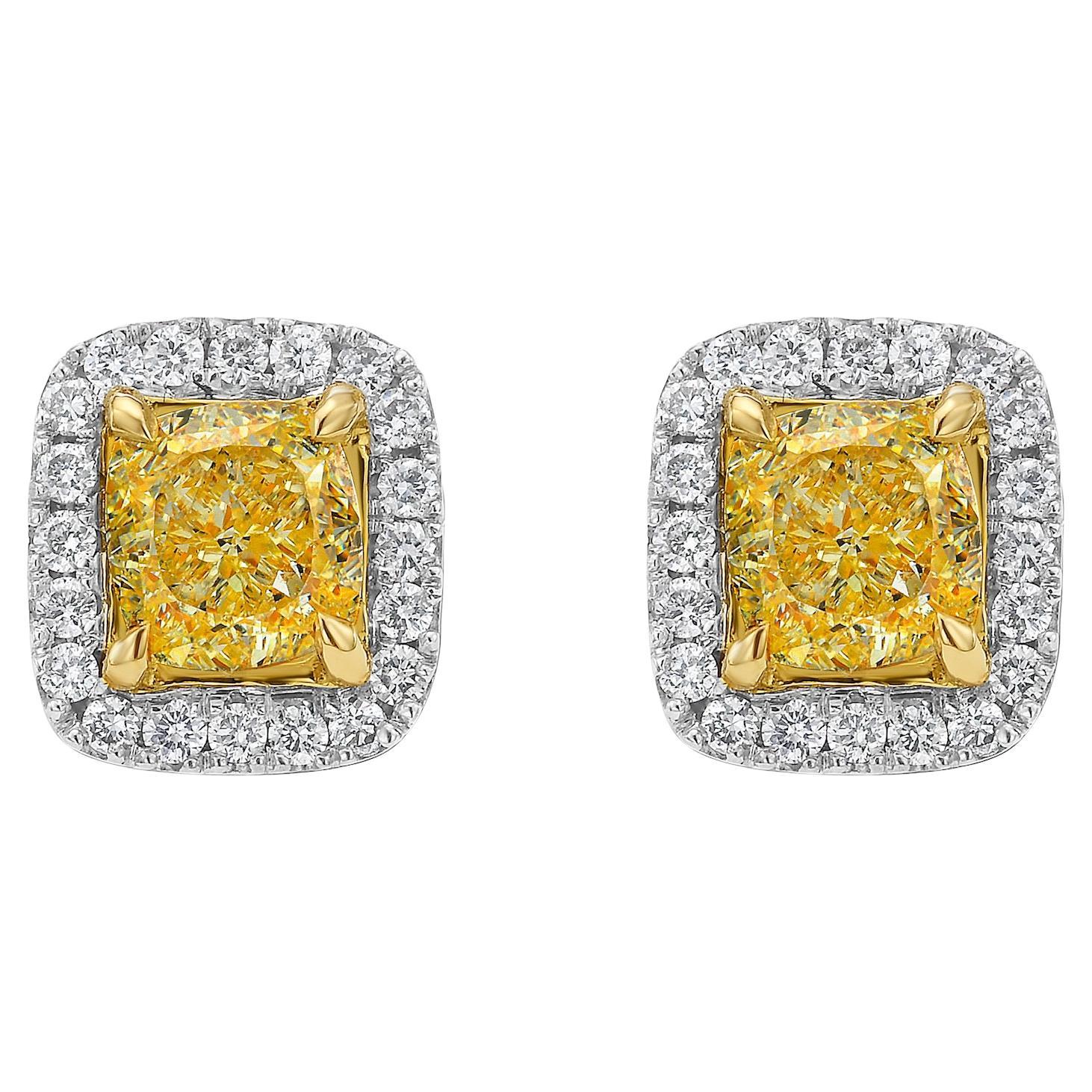 1.39ct Fancy Yellow Diamond Halo Stud Earrings