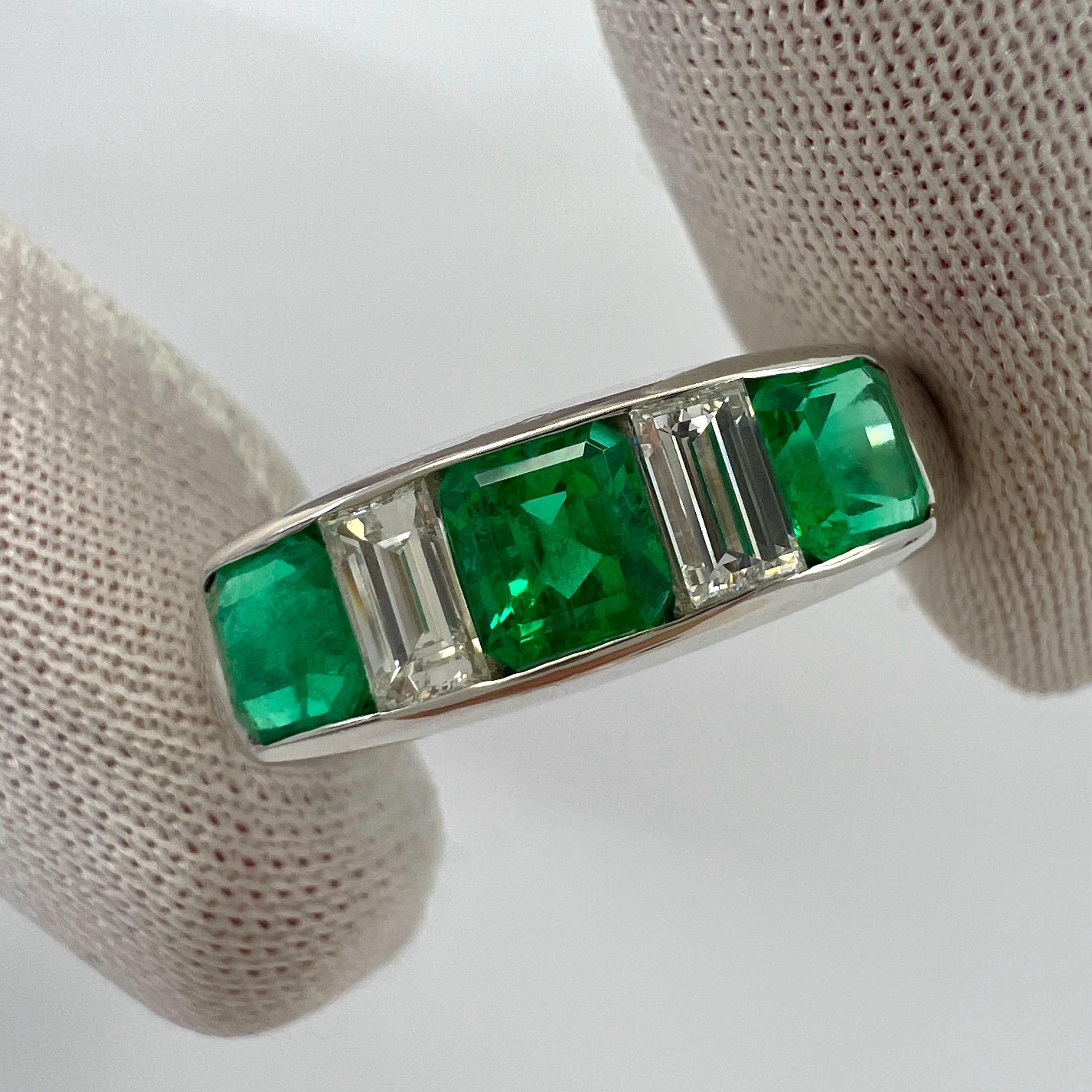 Fine Vivid Green Colombian Emerald & Diamond 900 Platinum Five Stone Band Ring.

Total carat weight 1.39 carat. 
Featuring three stunning Colombian emeralds with a fine vivid green colour and excellent square emerald cuts. 1.01 carat total.
These