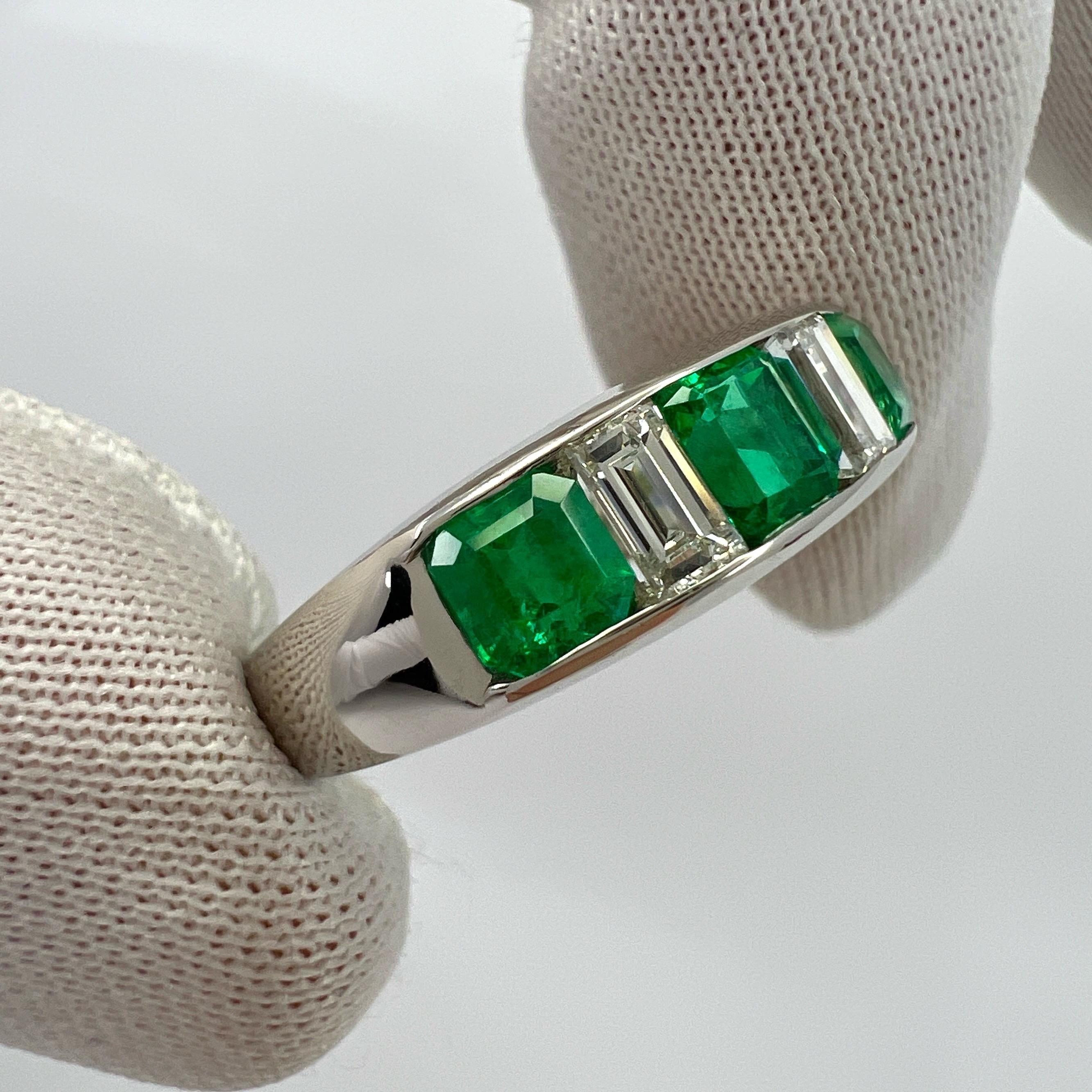 Square Cut 1.39ct Fine Green Colombian Emerald And Diamond Platinum Five Stone Band Ring For Sale