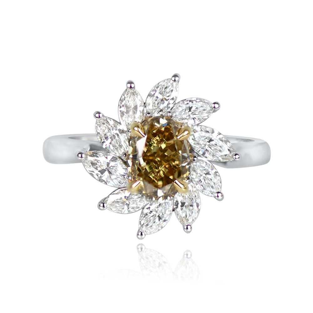 1.39ct Oval Cut Fancy Diamond Cluster Ring, Diamond Halo, 18k White Gold  In Excellent Condition For Sale In New York, NY