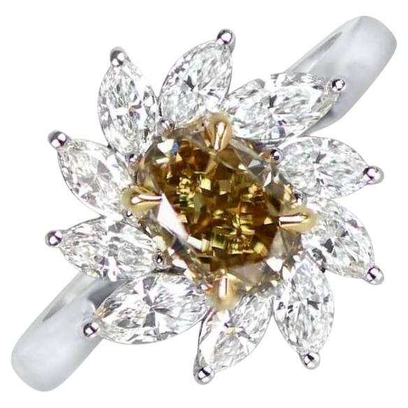 1.39ct Oval Cut Fancy Diamond Cluster Ring, Diamond Halo, 18k White Gold  For Sale