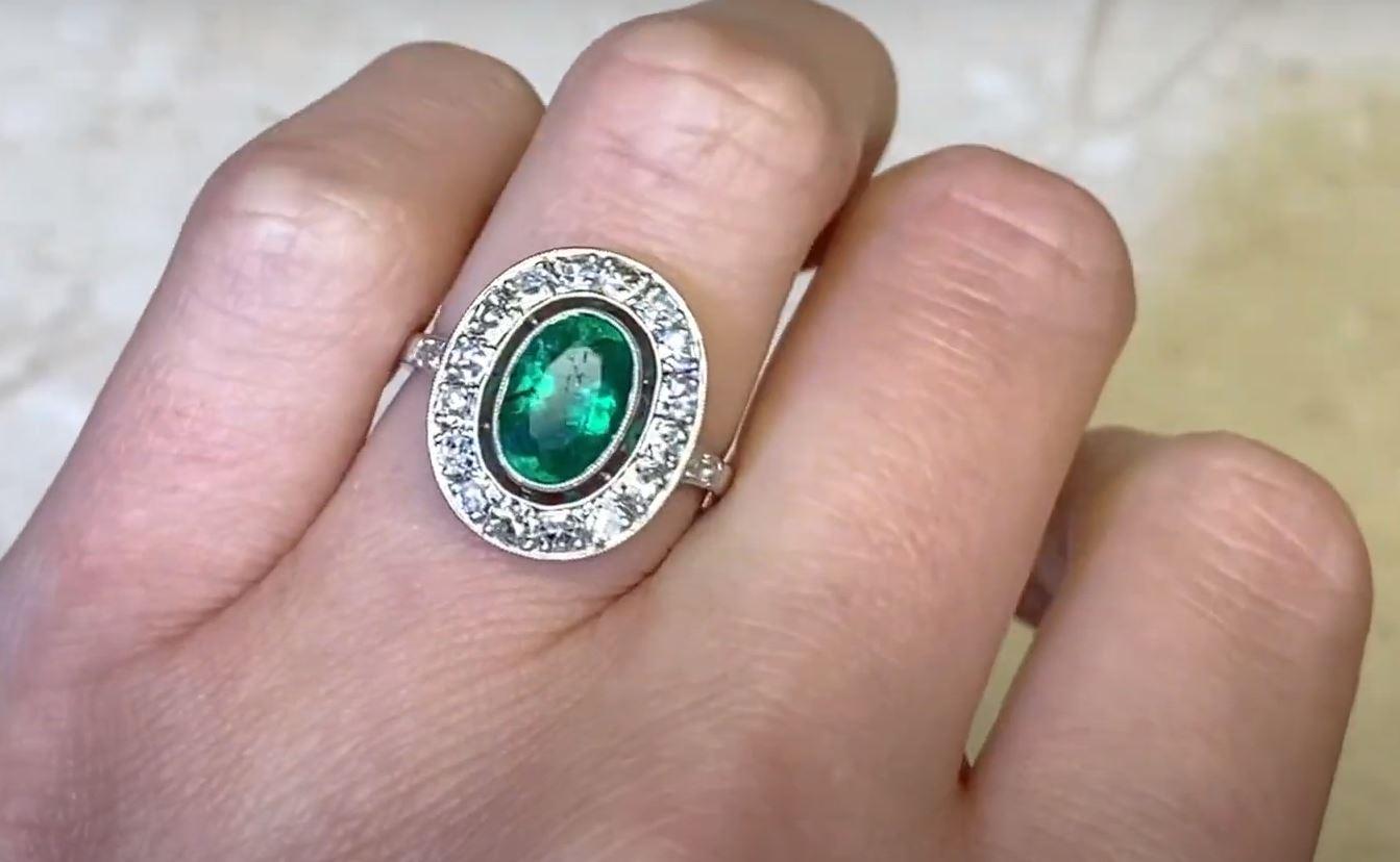1.39ct Oval Cut Natural Emerald Cocktail Ring, Diamond Halo, Platinum 5