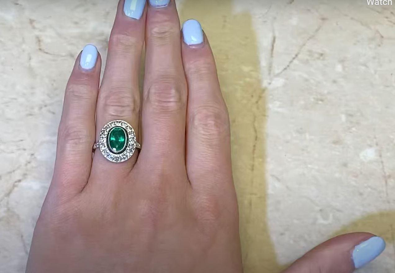1.39ct Oval Cut Natural Emerald Cocktail Ring, Diamond Halo, Platinum 6
