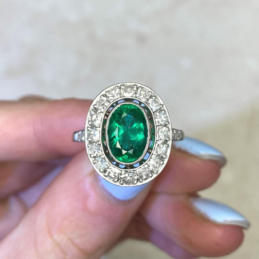 1.39ct Oval Cut Natural Emerald Cocktail Ring, Diamond Halo, Platinum 7