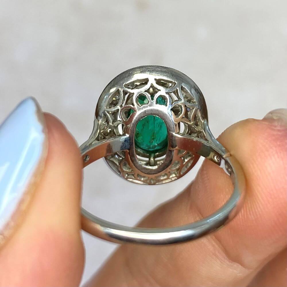 1.39ct Oval Cut Natural Emerald Cocktail Ring, Diamond Halo, Platinum 8