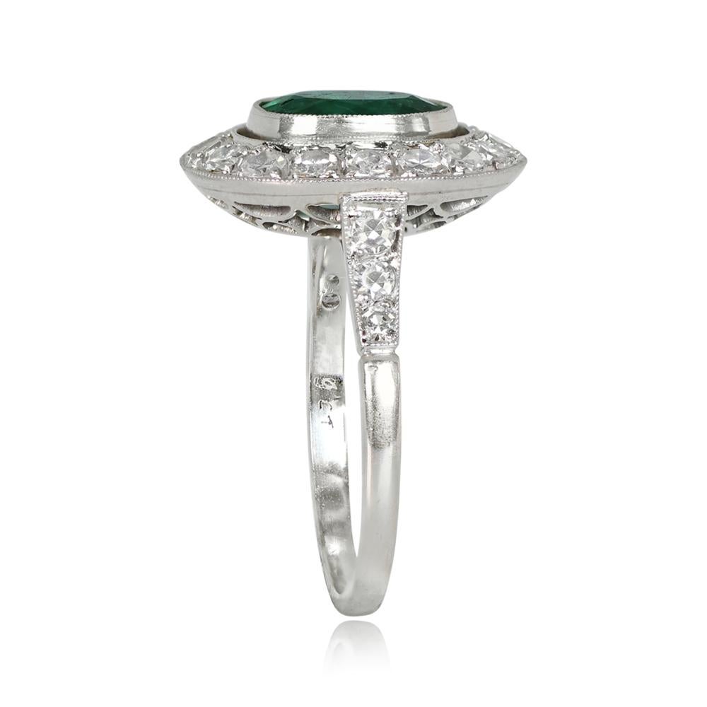 Art Deco 1.39ct Oval Cut Natural Emerald Cocktail Ring, Diamond Halo, Platinum