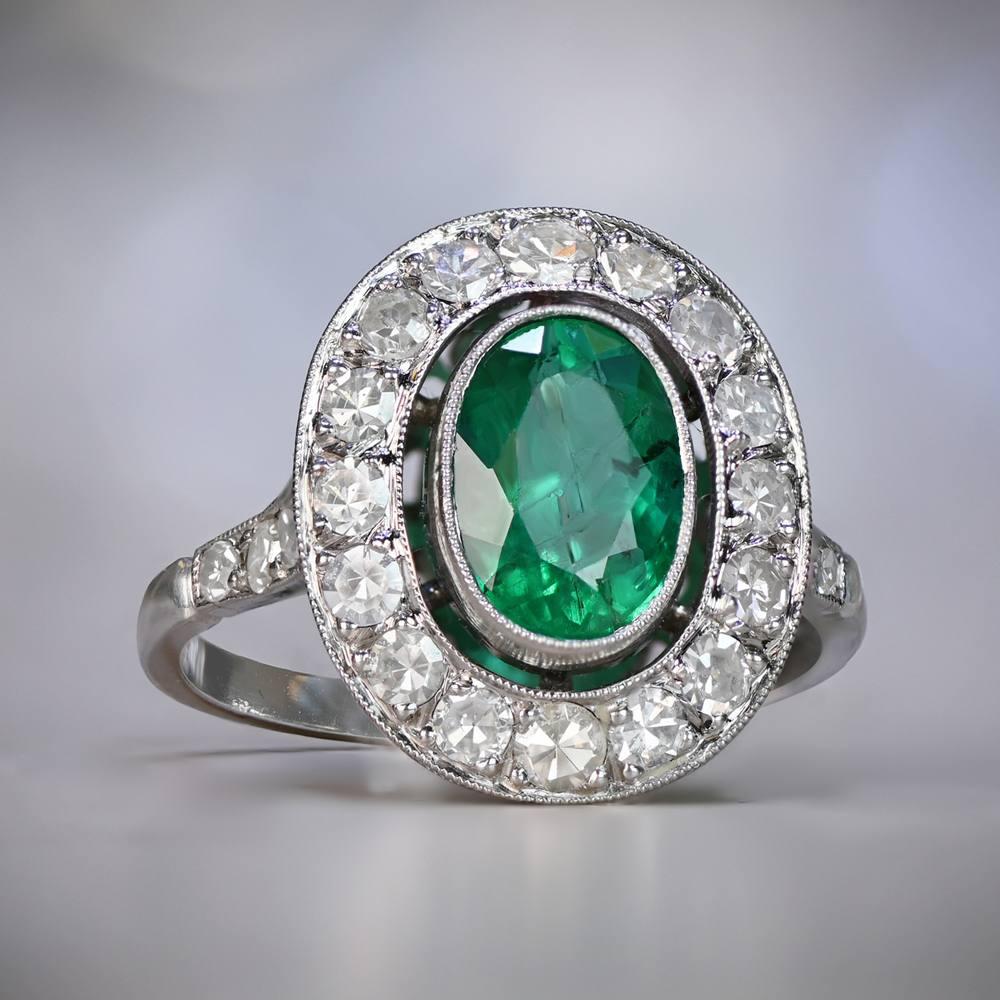 Women's 1.39ct Oval Cut Natural Emerald Cocktail Ring, Diamond Halo, Platinum