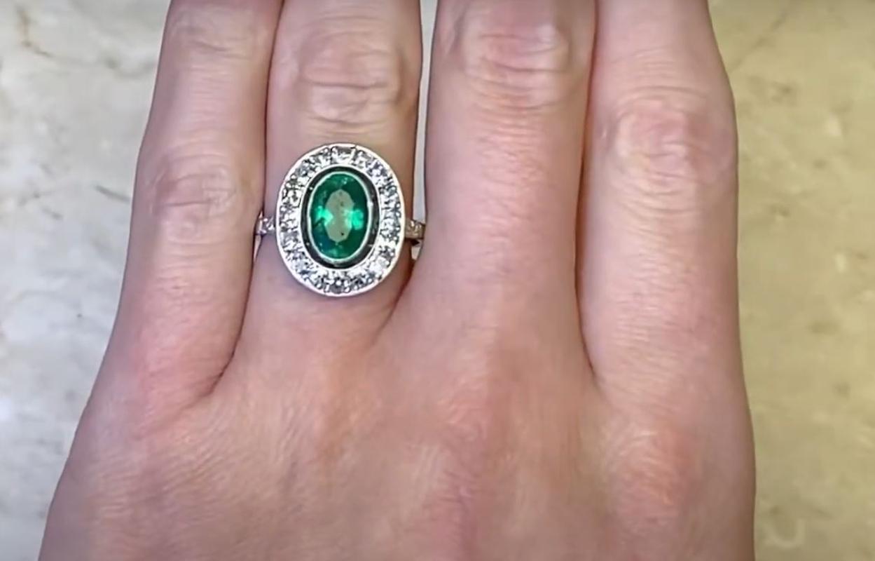 1.39ct Oval Cut Natural Emerald Cocktail Ring, Diamond Halo, Platinum 1