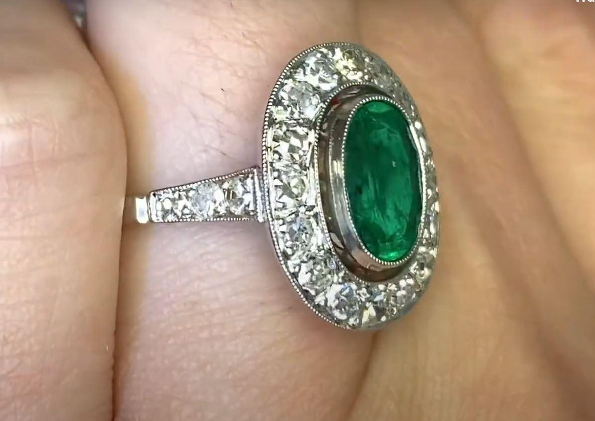 1.39ct Oval Cut Natural Emerald Cocktail Ring, Diamond Halo, Platinum 2