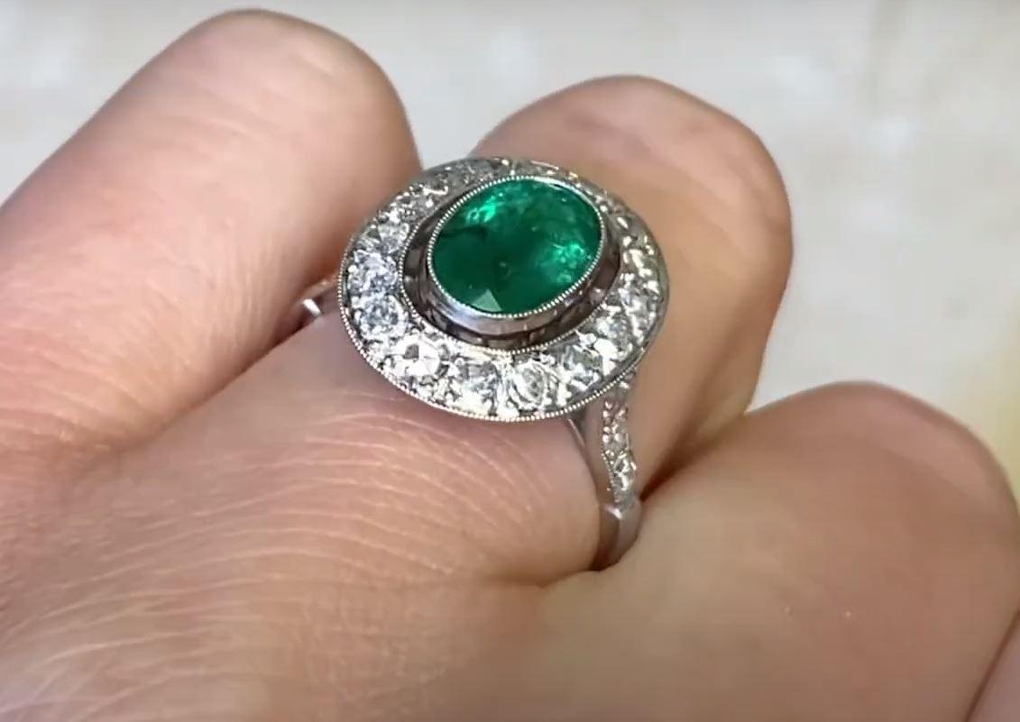 1.39ct Oval Cut Natural Emerald Cocktail Ring, Diamond Halo, Platinum 3