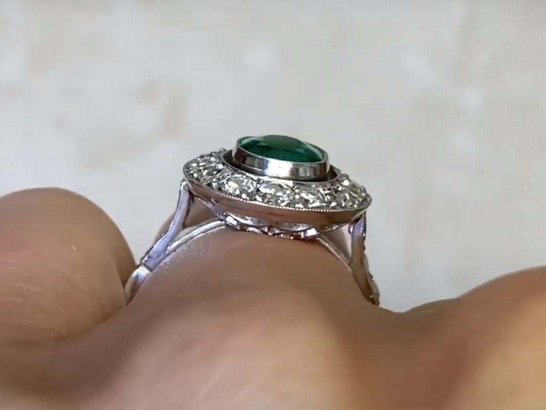 1.39ct Oval Cut Natural Emerald Cocktail Ring, Diamond Halo, Platinum 4