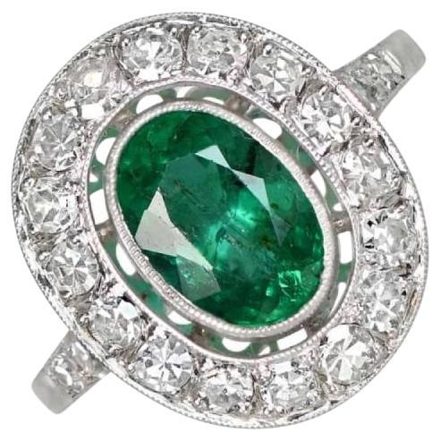 1.39ct Oval Cut Natural Emerald Cocktail Ring, Diamond Halo, Platinum