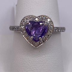1.39ct Purple Heart Shape Sapphire & Round Diamond Ring in 14KT White Gold