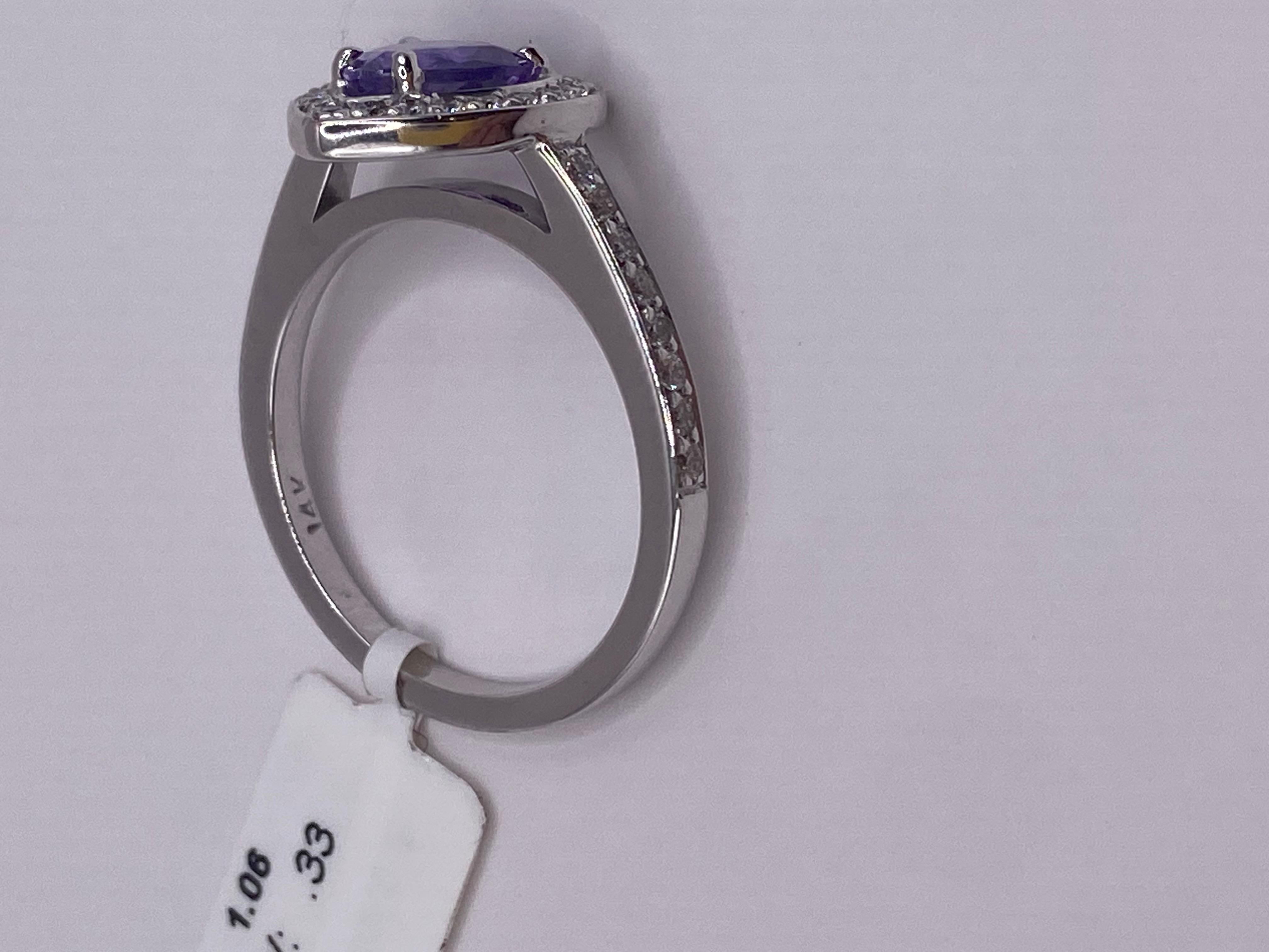 1.39ct Purple Heart Shape Sapphire & Round Diamond Ring in 14KT White Gold In New Condition For Sale In New York, NY