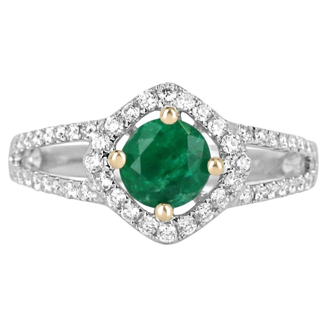1.39tcw 14K Colombian Emerald-Round Cut & Diamond Halo Statement Ring For Sale