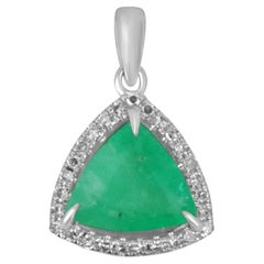 1.39tcw 14K Nature Trillion Colombian Emerald & Diamond Halo Pendant Necklace
