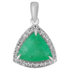 1.39tcw 14K Natural Trillion Colombian Emerald & Diamond Halo Pendant Necklace