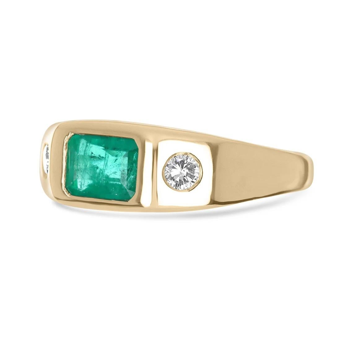 A Colombian emerald and diamond gypsy-styled ring. Dexterously handcrafted in gleaming 14K yellow gold, this ring features a 1.19-carat natural Colombian emerald, emerald cut from the famous Chivor mines. Set in a secure bezel setting for extra