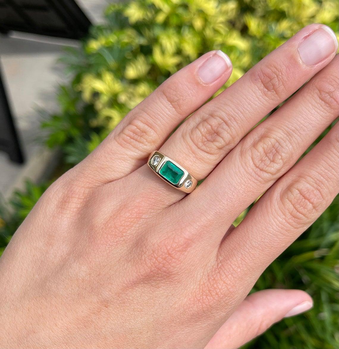 Modern 1.39tcw 14K Three Stone Colombian Emerald Cut & Round Diamond Gypsy Ring