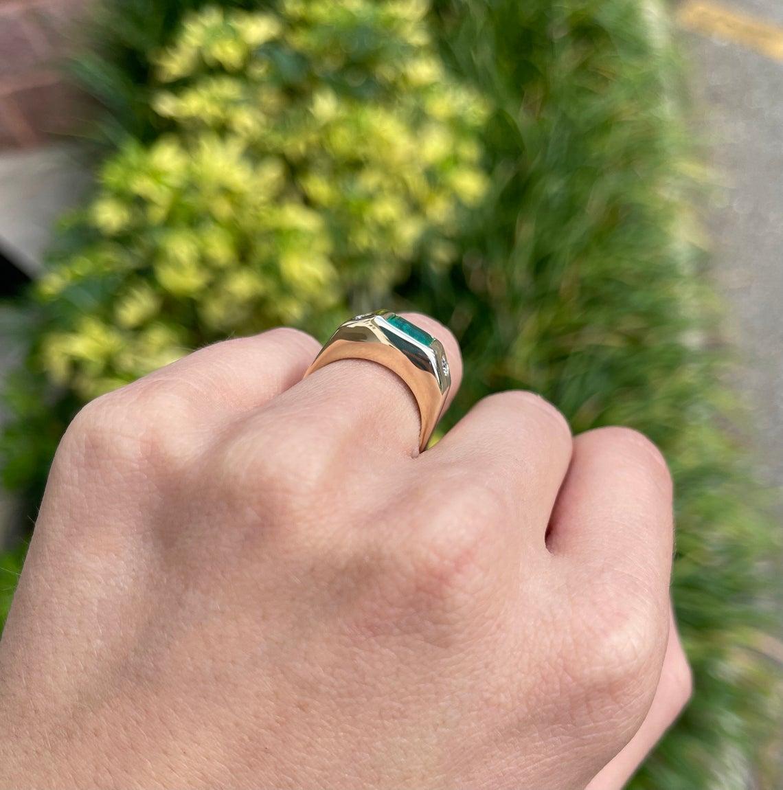 Women's 1.39tcw 14K Three Stone Colombian Emerald Cut & Round Diamond Gypsy Ring