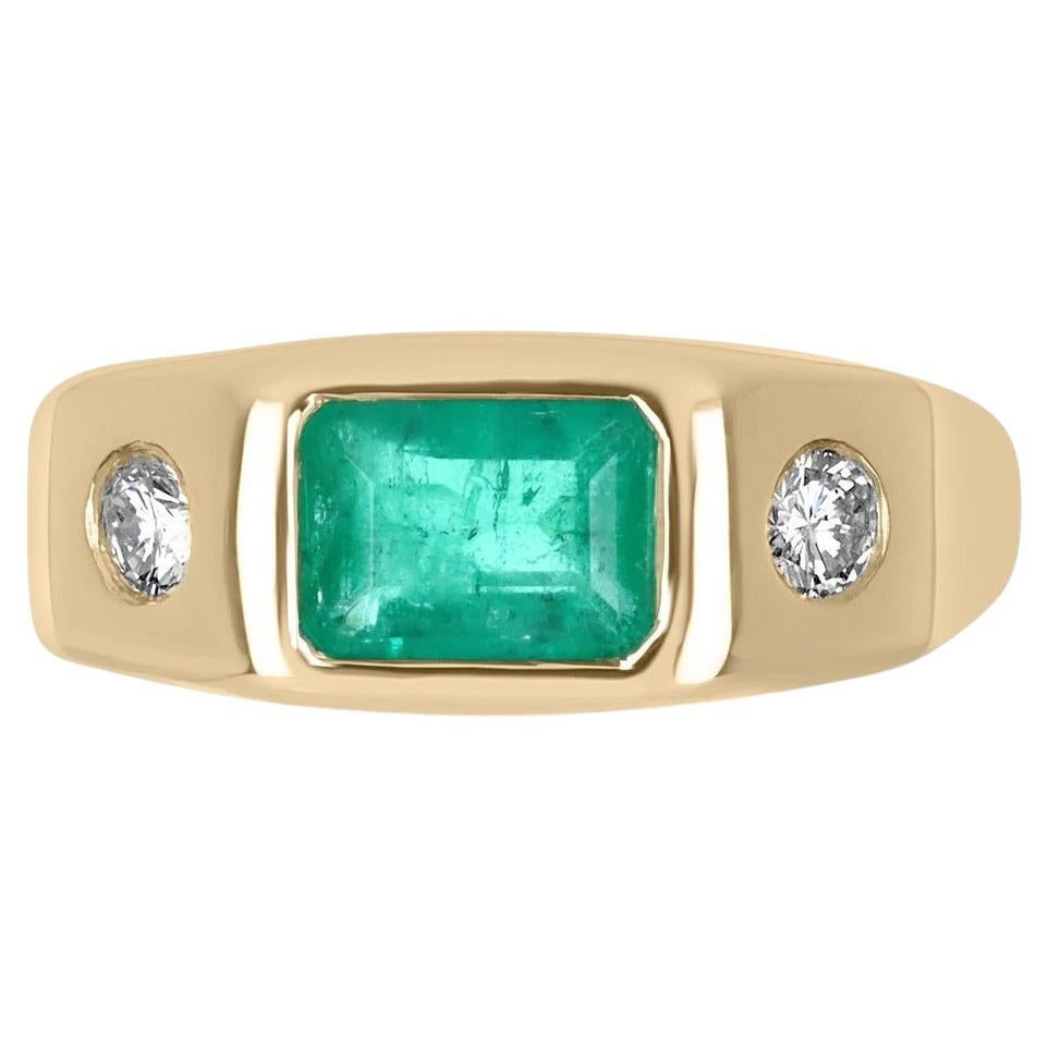 1.39tcw 14K Three Stone Colombian Emerald Cut & Round Diamond Gypsy Ring