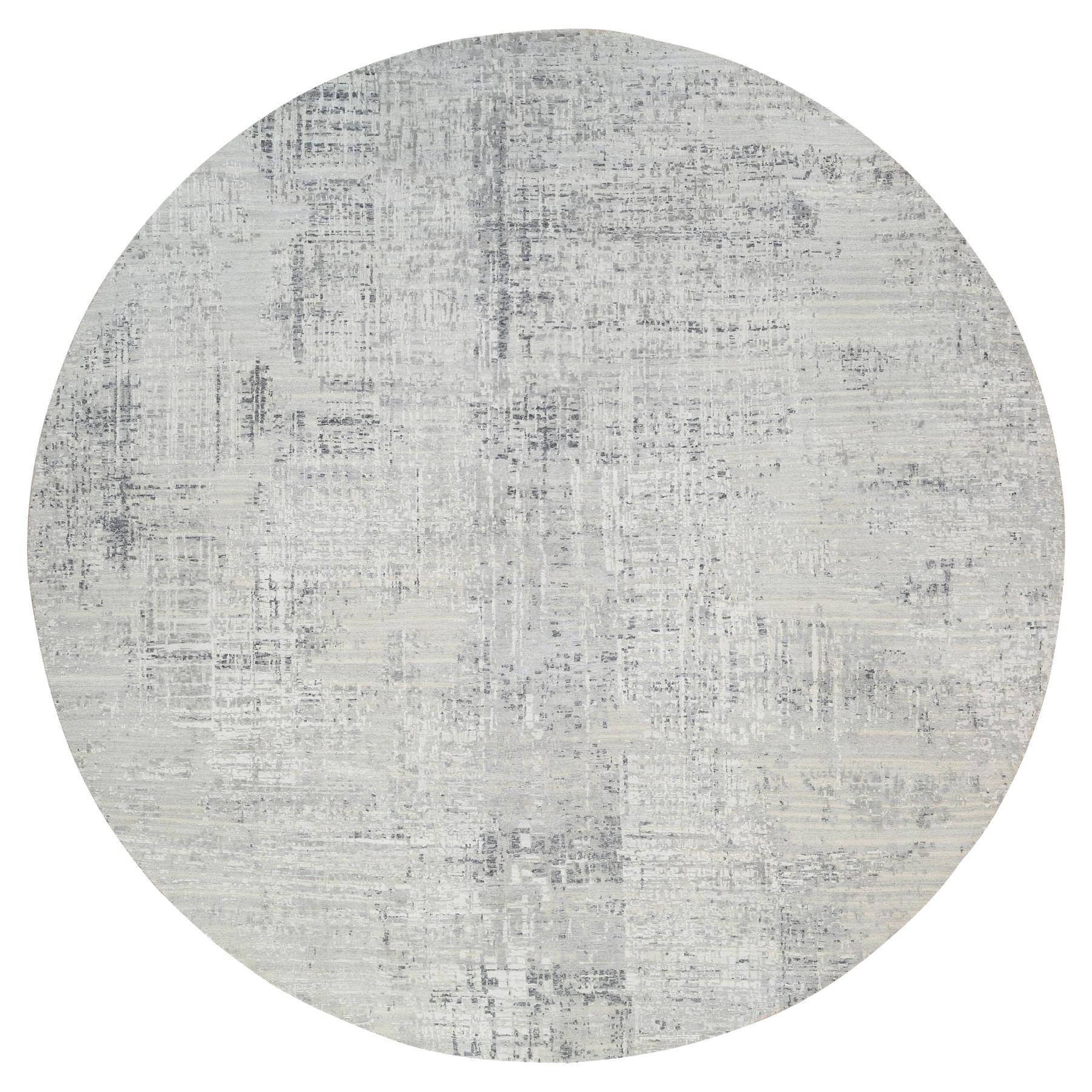 13'9"x13'9" Gray Hand Knotted Modern Natural Wool Round Oriental Rug