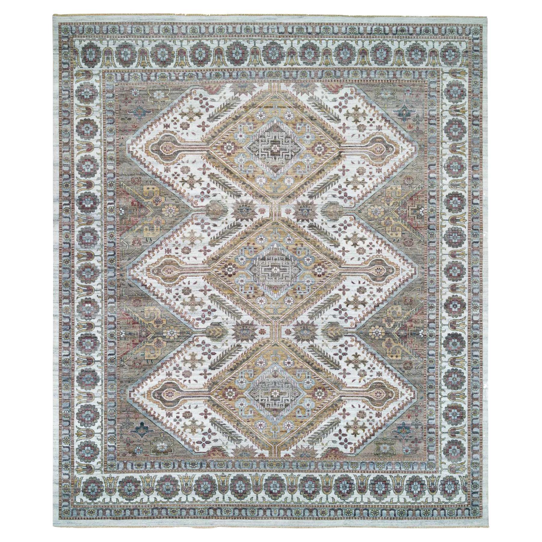 13'9"x15'10" Ivory Shiraz Rosettes Border Hand Knotted Pure Wool XL Oriental Rug