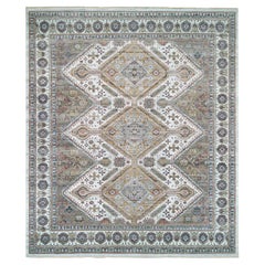 13'9 "x15'10" Ivoire Shiraz Rosettes Border Noué à la main Pure Laine XL Tapis d'Orient