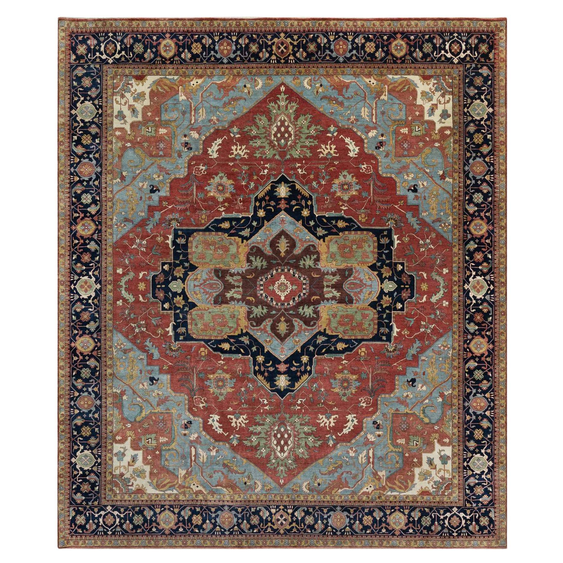 13'9"x16'2" Crimson Red Antiqued Fine Heriz Re-Creation Handgeknüpfter Wollteppich aus Wolle
