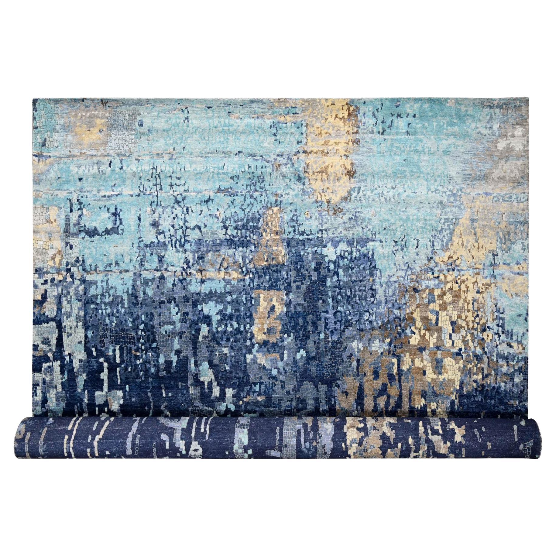 13'9 "x17'9" Tapis oriental surdimensionné en laine et soie à motifs de mosaïques bleues, noué à la main