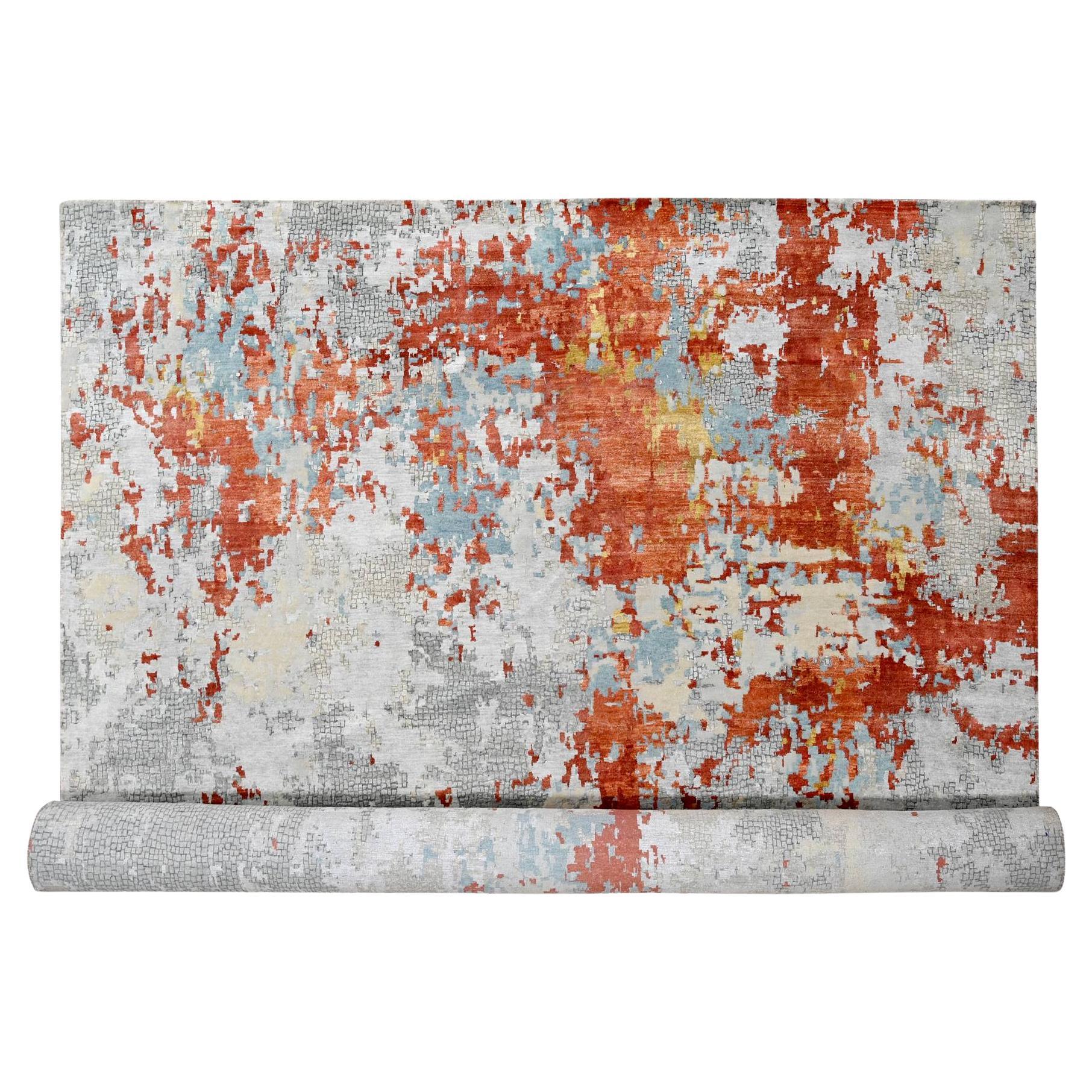 Alfombra de gran tamaño anudada a mano con diseño de mosaico de lana y seda gris y óxido de 13
9 "x17
9