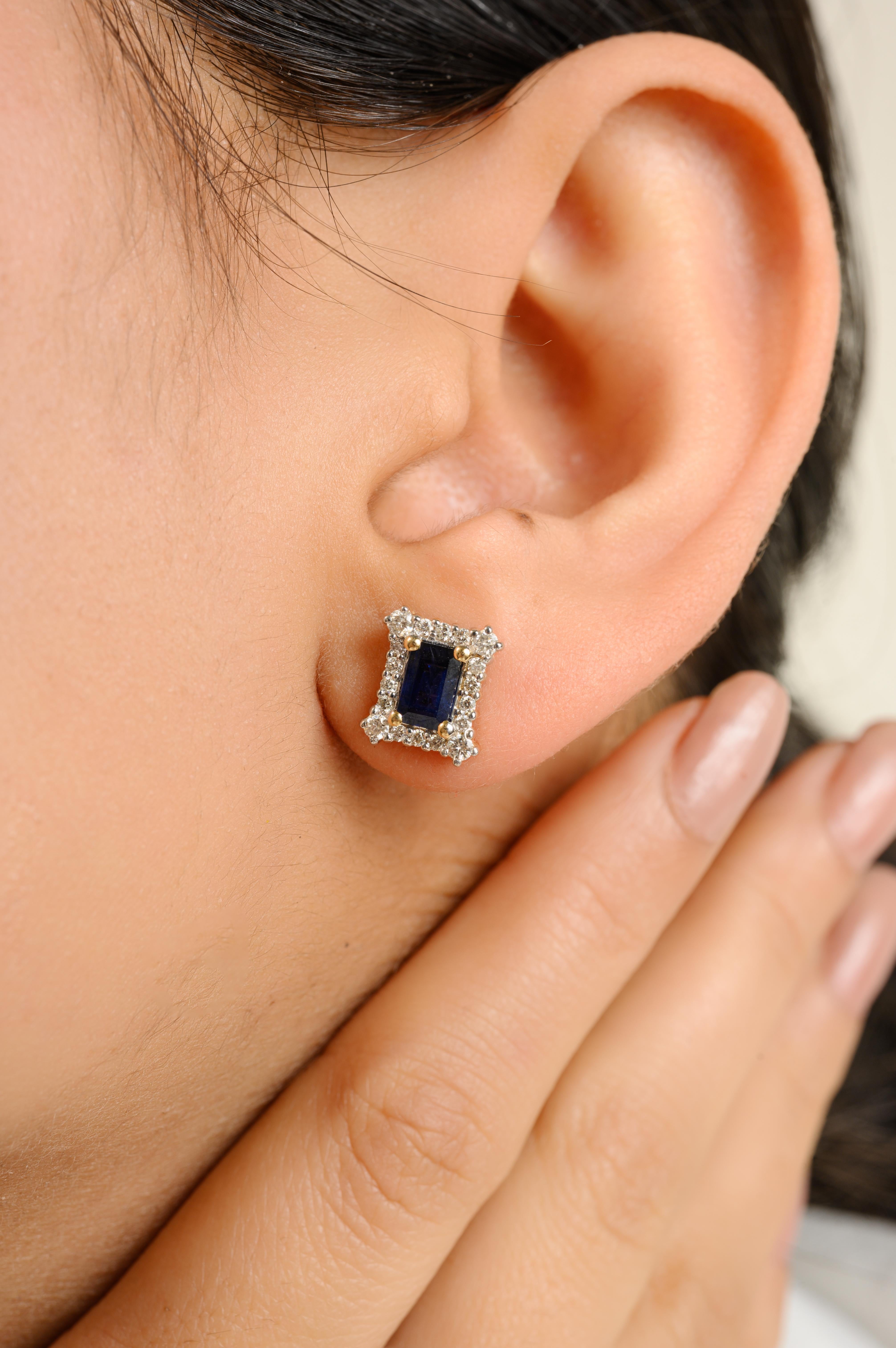 1.3Carat Octagon Cut Blue Sapphire Halo Diamond Stud Earrings in 14k Yellow Gold to make a statement with your look. You shall need stud earrings to make a statement with your look. These earrings create a sparkling, luxurious look featuring octagon