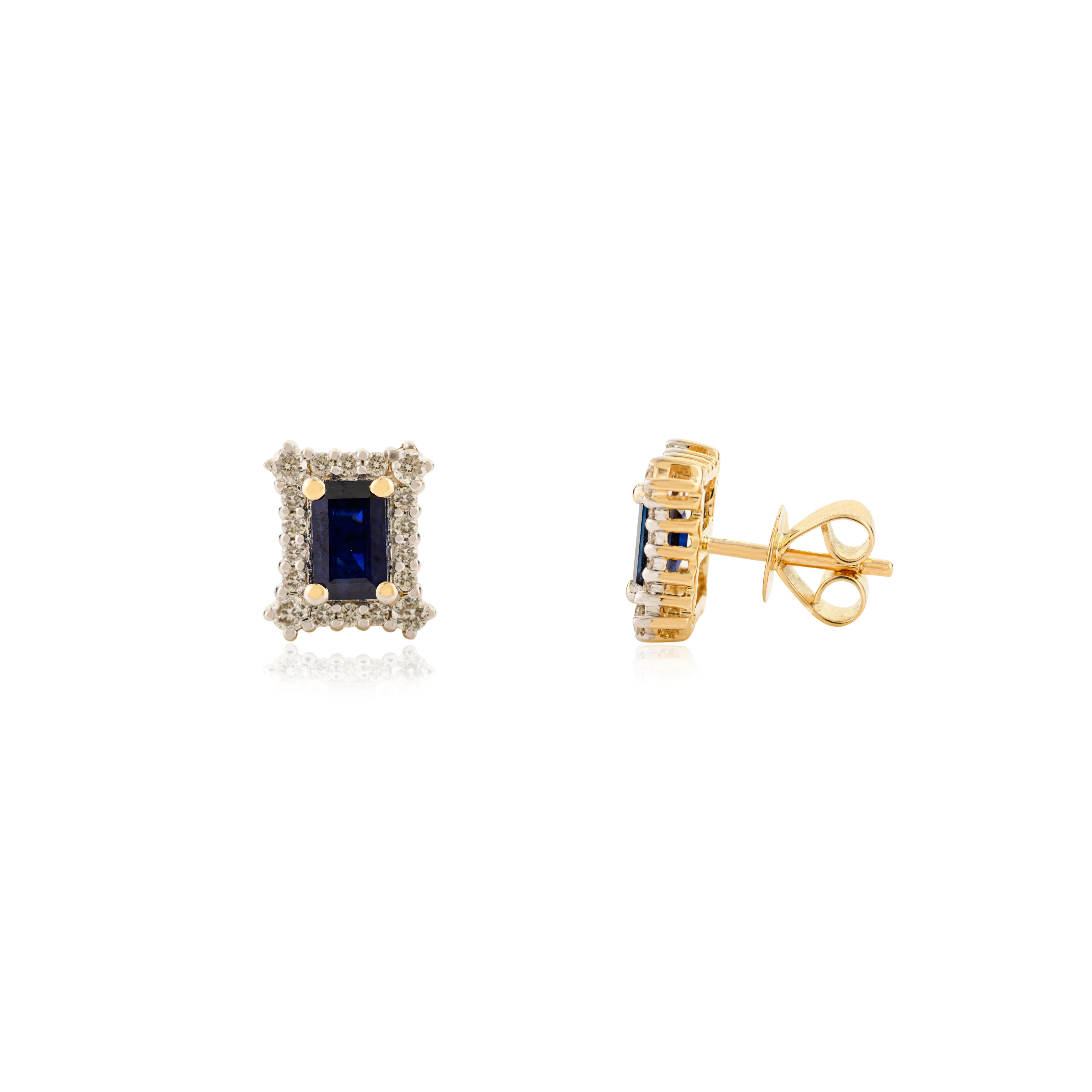 Art Deco 1.3Carat Octagon Cut Blue Sapphire Halo Diamond Stud Earrings in 14k Yellow Gold For Sale