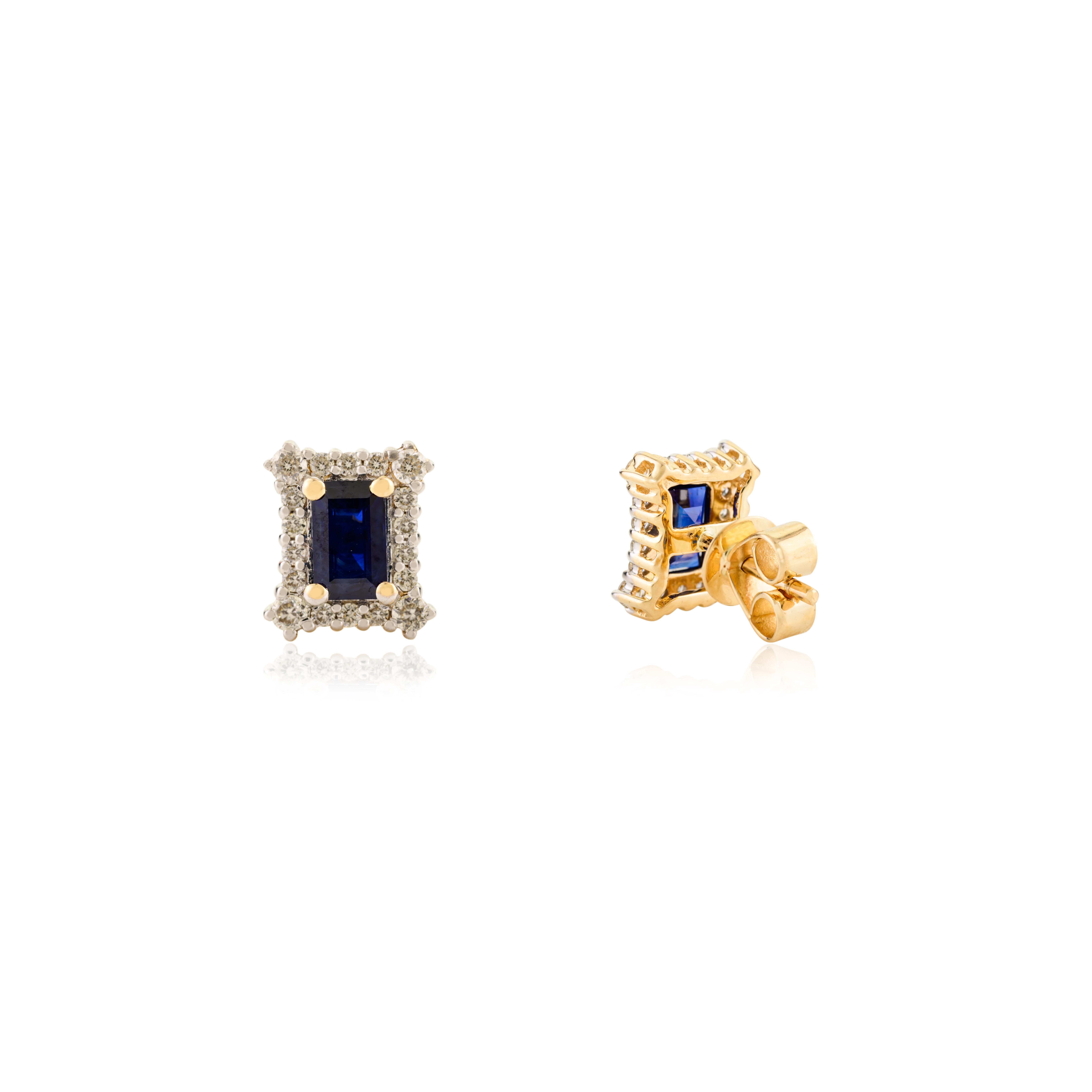 Women's 1.3Carat Octagon Cut Blue Sapphire Halo Diamond Stud Earrings in 14k Yellow Gold For Sale