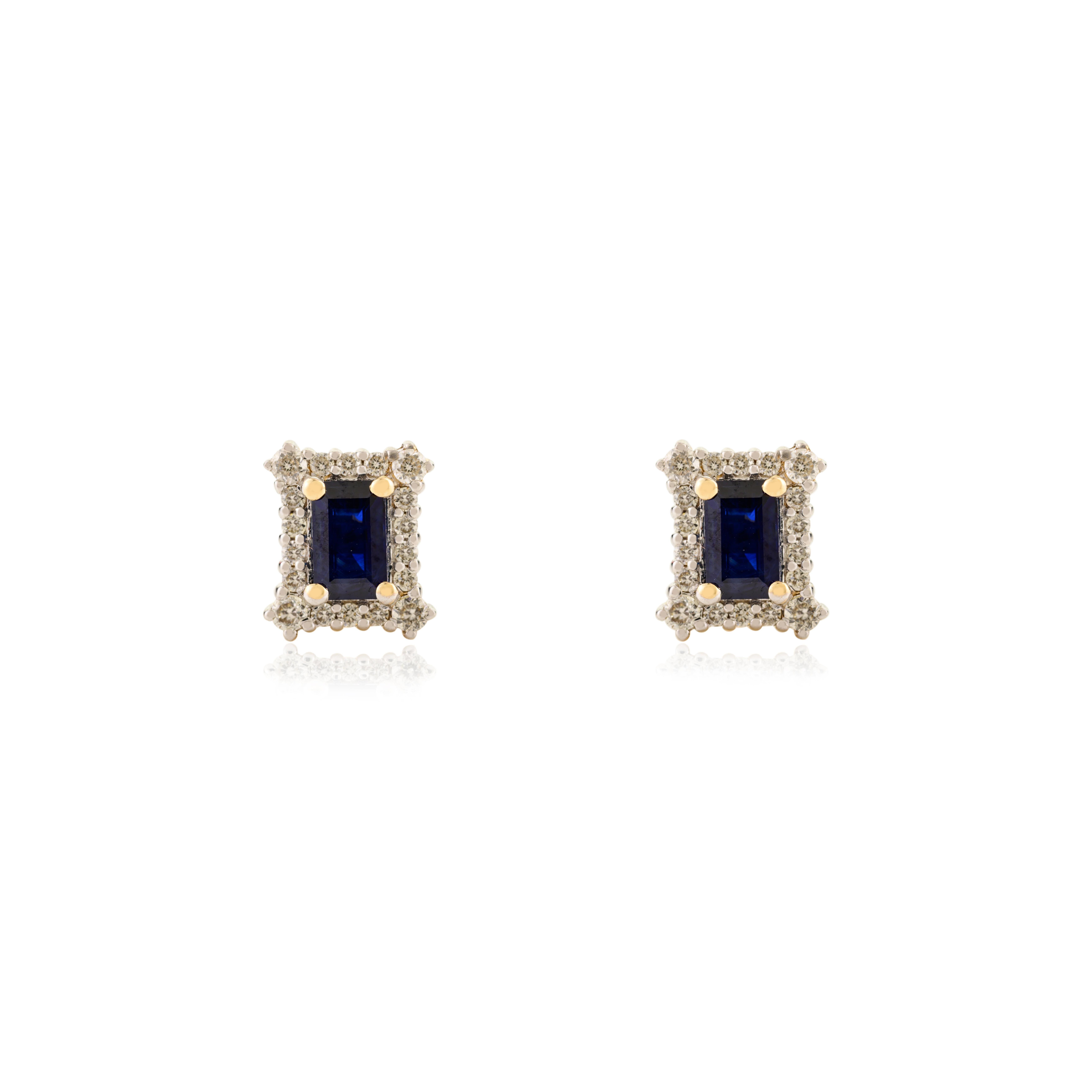 1.3Carat Octagon Cut Blue Sapphire Halo Diamond Stud Earrings in 14k Yellow Gold For Sale 1