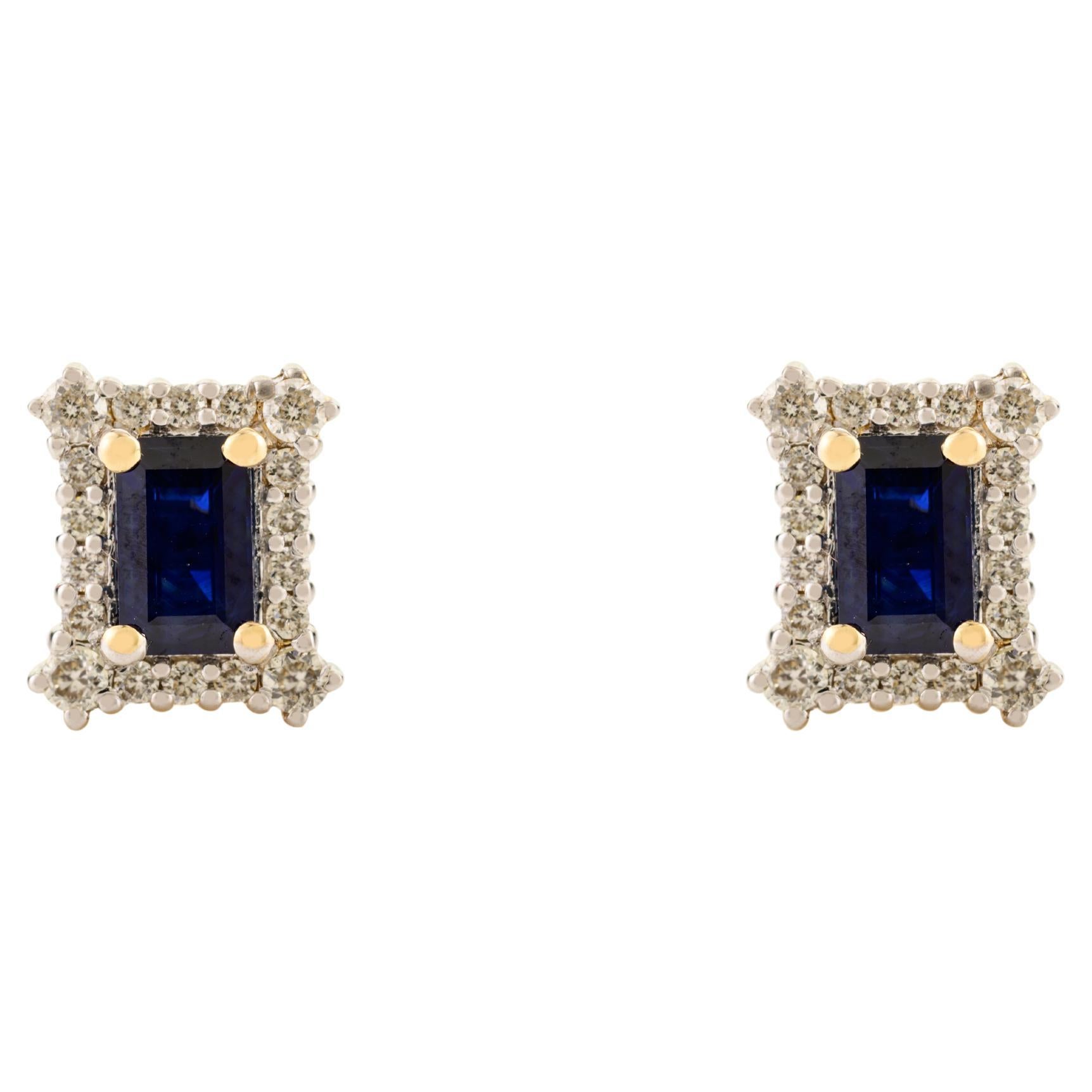 1.3Carat Octagon Cut Blue Sapphire Halo Diamond Stud Earrings in 14k Yellow Gold