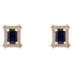 1.3Carat Octagon Cut Blue Sapphire Halo Diamond Stud Earrings in 14k Yellow Gold