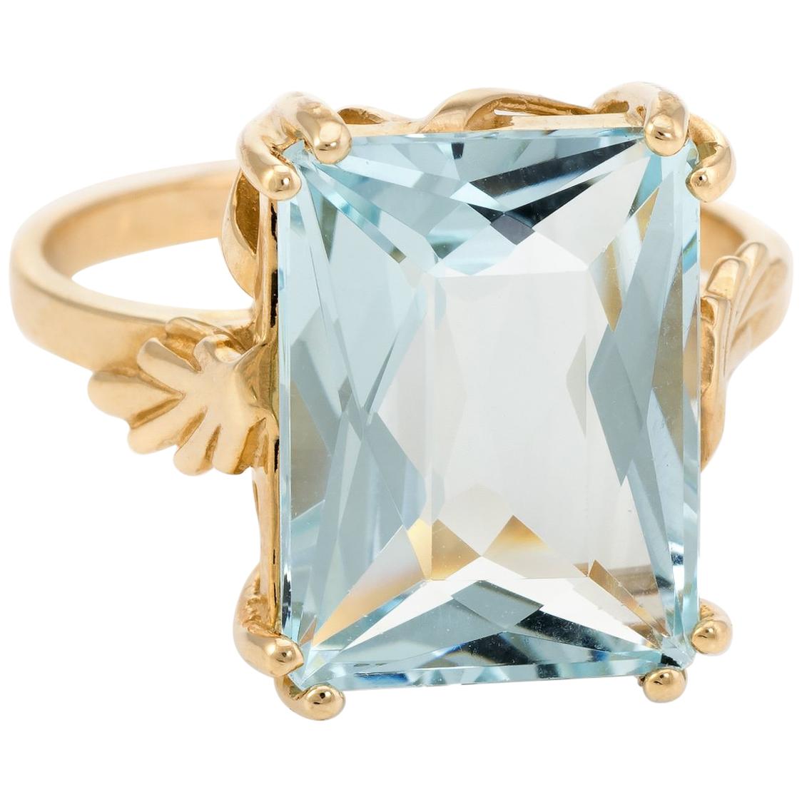 13ct Aquamarine Cocktail Ring Vintage 14k Yellow Gold Estate Fine Jewelry 10.75