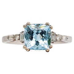 1.3ct Aquamarine Ring w Earth Mined Diamonds in Solid 14K White Gold Cushion 7mm