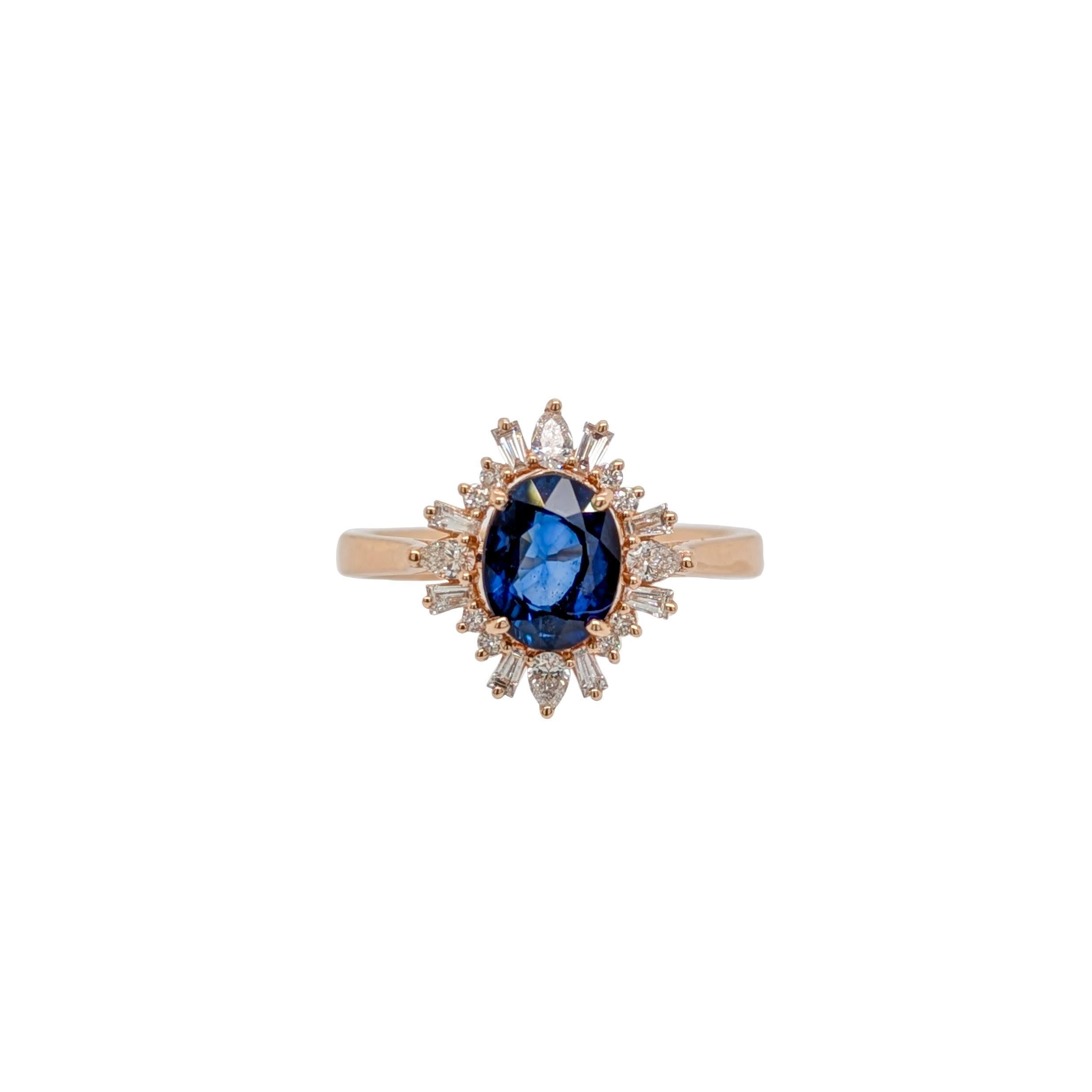 1.3ct Ceylon Sapphire Ring w Natural Diamond Halo in Solid 14K Gold  OV 8x6mm