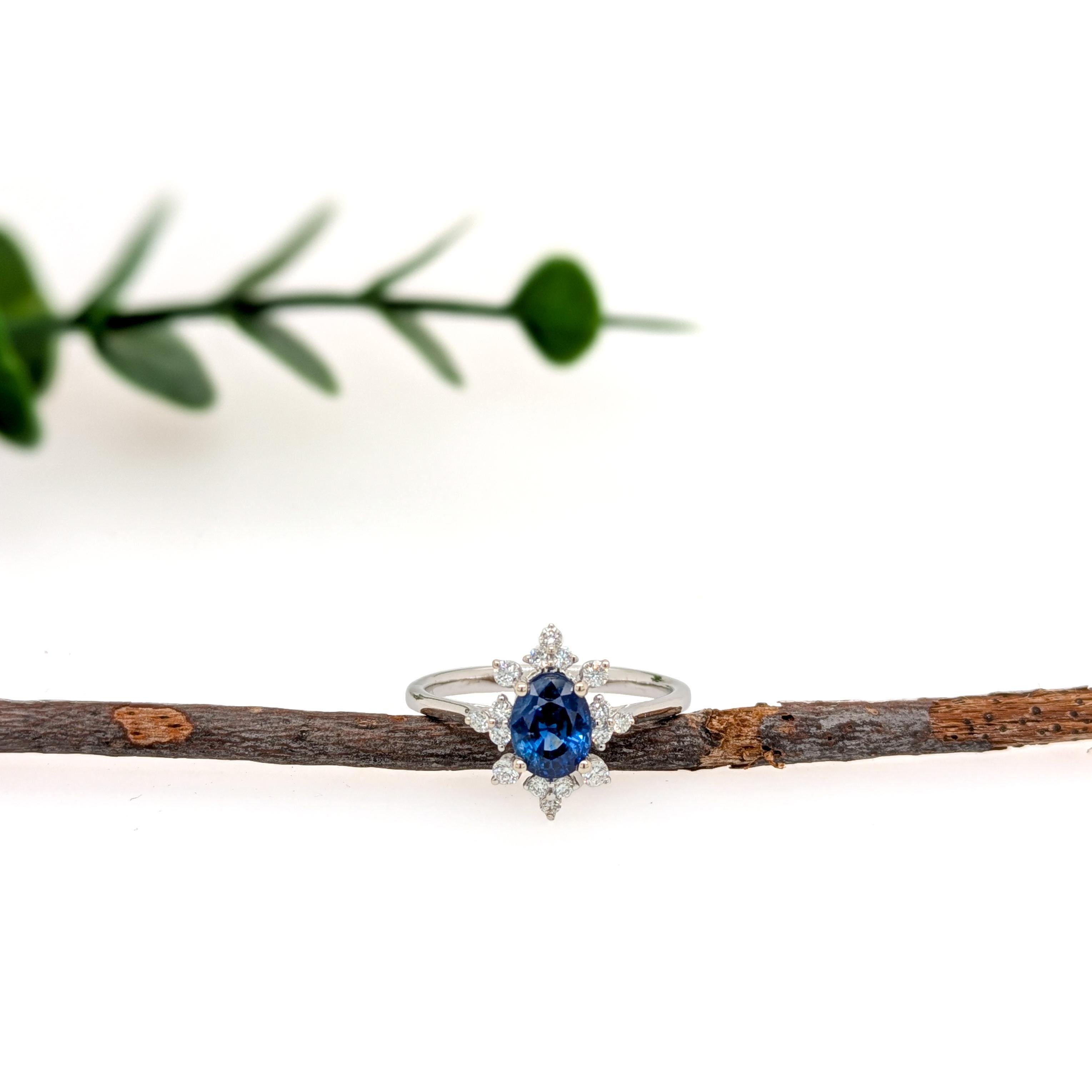 Art Deco 1.3ct Ceylon Sapphire Ring w Natural Diamonds in 14K Solid Gold  OV 7x5mm For Sale