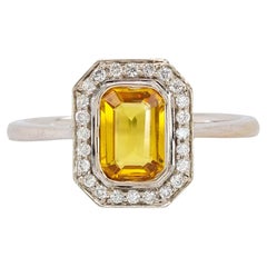 Used 1.3ct Ceylon Yellow Sapphire Ring w Natural Diamond Halo in 14K Solid Gold