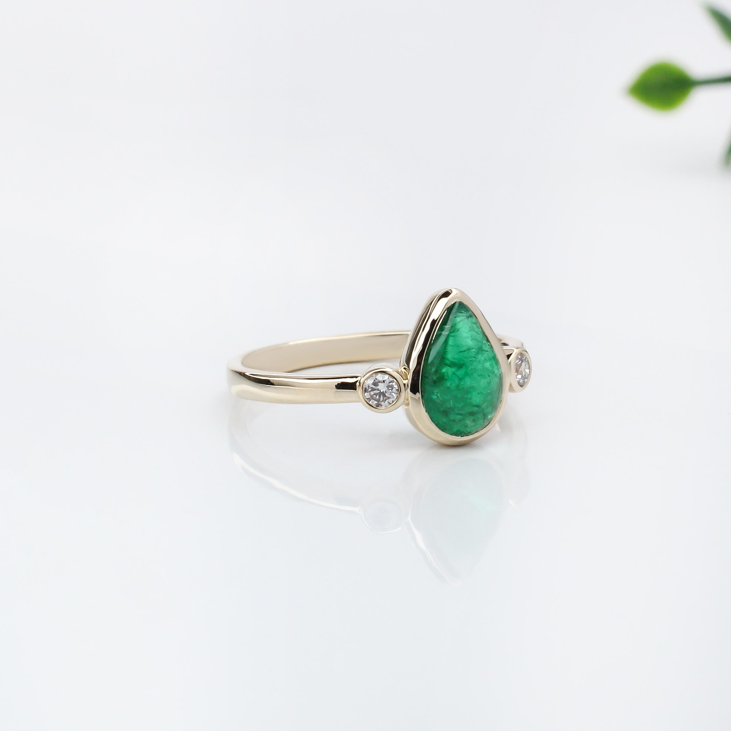 Pear Cut 1.3ct Emerald Ring w Earth Mined Diamonds in Solid 14K Yellow Gold Pear 9x6mm For Sale