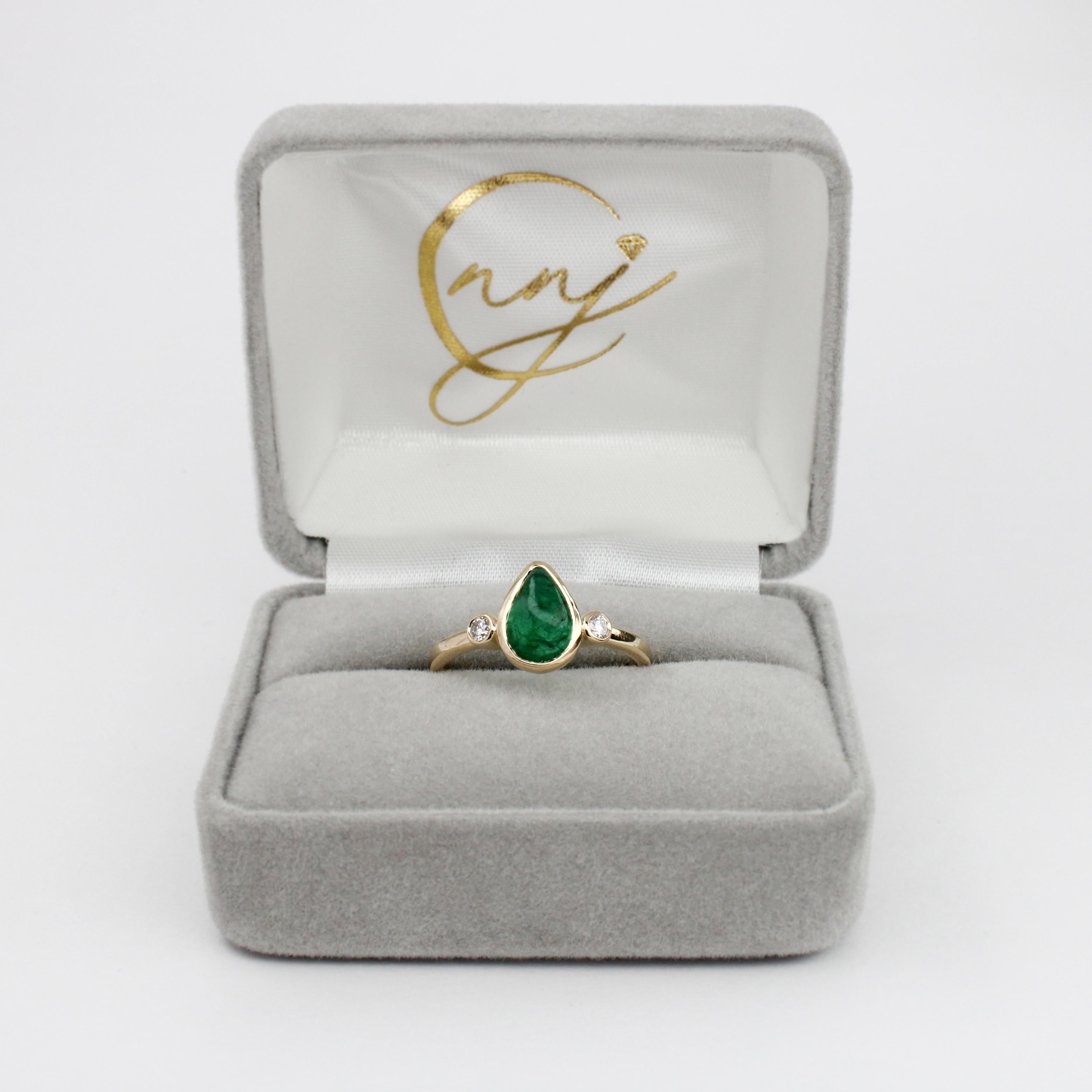 1.3ct Emerald Ring w Earth Mined Diamonds in Solid 14K Yellow Gold Pear 9x6mm In New Condition For Sale In Columbus, OH